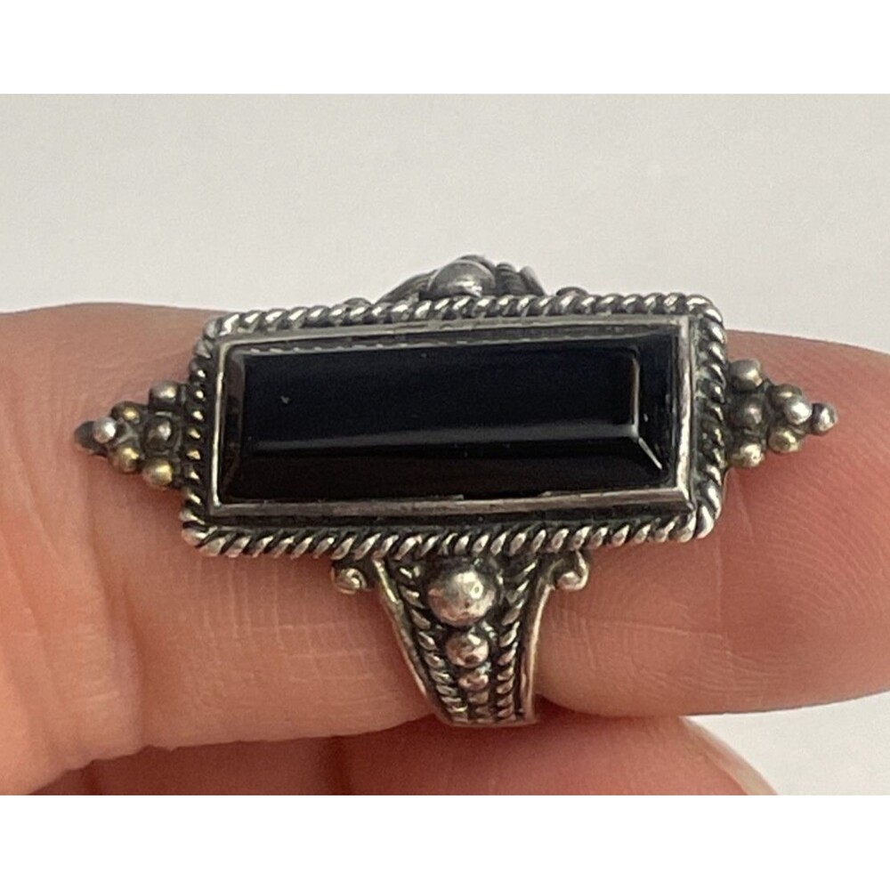 925 Vintage Bali Style Black Onyx Sterling Silver Ring - Size 6.5 Rectangular